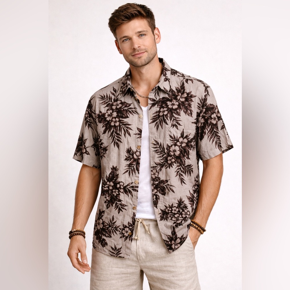 Vintage M.E. Sport Rayon Hawaiian Aloha Shirt‎ Brown Tropical Floral Print XL